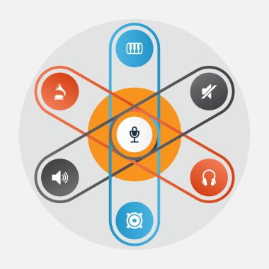 Multimedya simgeler kümesi. Octave, megafon, ses ve diğer öğeleri koleksiyonu. Ayrıca ses, Mike, ses gibi simgeler içerir.