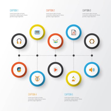Multimedya düz simgeler kümesi. Ritim, medya, Shellac ve diğer öğeleri koleksiyonu. Ayrıca Filarmoni Orkestrası, kulaklık, erkek gibi simgeler içerir.