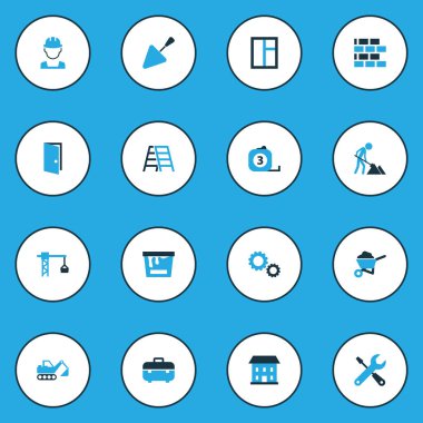 Sanayi renkli simgeler kümesi. Aç, işçi, durum ve diğer öğeleri koleksiyonu. Ayrıca tuğla, tırmanma, takım gibi simgeler içerir.