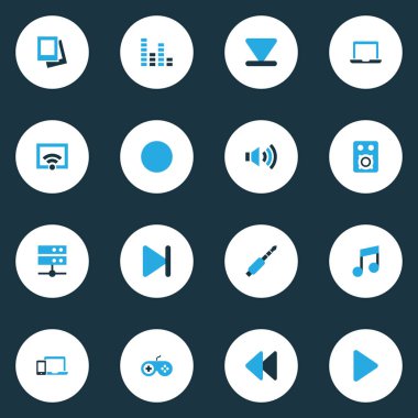 Medya renkli simgeler kümesi. Nota, sinyal, Datacenter ve diğer öğeleri koleksiyonu. Ses, ses, Jack gibi semboller de içerir.