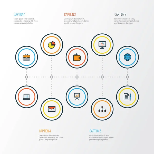 Conjunto de iconos de esquema colorido comercio. Colección De Mundo, Presentación De Cartelera, Acuerdo Y Otros Elementos. También incluye símbolos tales como contrato, empanada, estructura . — Vector de stock