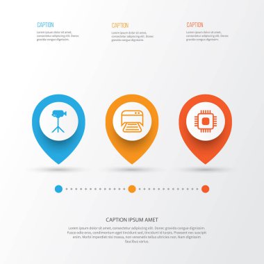 Bilgisayar simgeleri ayarlayın. Chip, yazdırılan belge, video kamera ve diğer öğeleri koleksiyonu. Ayrıca, yazıcı, tarayıcı, kamera gibi simgeler içerir.
