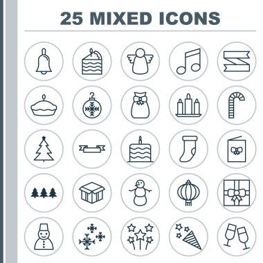 Yıl Icons Set. Geleneksel lamba, Ağaç oyuncak, balmumu ve diğer öğeleri koleksiyonu. Ayrıca kodes, kuyu, kardan adam gibi simgeler içerir.