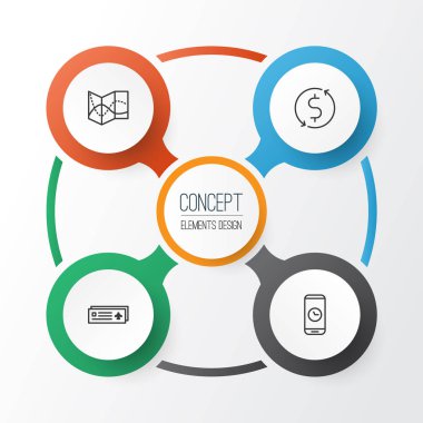 Icons Set seyahat. Para Trasnfer, yol haritası, Havaalanı kartı ve diğer öğeleri koleksiyonu. Ayrıca cep, saat, telefon gibi simgeler içerir.