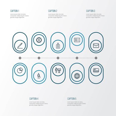 İş anahat simgelerini belirlemek. İşadamı, daire grafiği, kimlik ve diğer öğeleri koleksiyonu. Ayrıca, kalem, banka, posta gibi simgeler içerir.