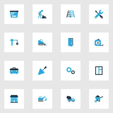 Renkli simgeler binada. Cam, kanca, merdiven ve diğer öğeleri kaldırma topluluğu. Ayrıca araçlar, kanatlı pencereler için bakım gibi simgeler içerir.