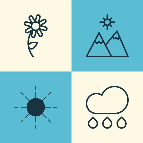 Zestaw ikon harmonii. Kolekcja elementów słonecznik, krajobraz, deszcz. Również zawiera symbole, takie jak kropla deszczu, góry kwiat. — Wektor stockowy