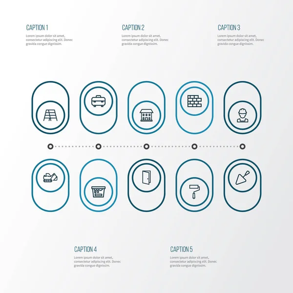 Építési vázlat ikonok beállítása. Eszközkészlet, kotrógép, ajtó- és más elemek gyűjteménye. Magában foglalja a szimbólumok, mint például a munkavállaló otthon, létra,. — Stock Vector