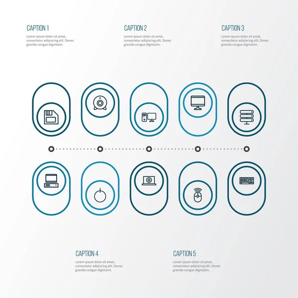 Conjunto de iconos de contorno de computadora. Colección de poder, centro de datos, periféricos y otros elementos. También incluye símbolos como acceso, computadora, monitor . — Vector de stock