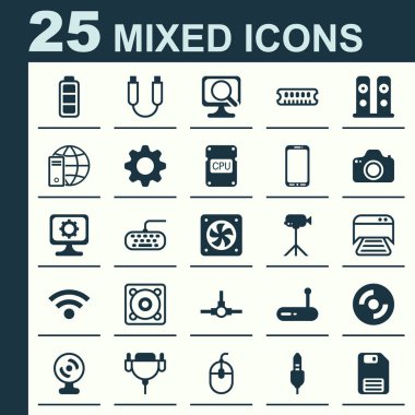 Bilgisayar simgeleri ayarlayın. Taşınabilir bellek, Pc, hoparlörler ve diğer öğeleri koleksiyonu. Ayrıca dişli, imleç, Video gibi simgeler içerir.