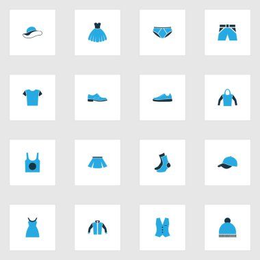 Elbise renkli simgeler kümesi. Gece elbisesi, Beanie, ceket ve diğer öğeleri koleksiyonu. Ayrıca botlar, etek, bluz gibi simgeler içerir.