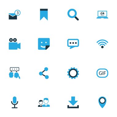Internet renkli simgeler kümesi. Download, animasyon, mikrofon ve diğer öğeleri koleksiyonu. Ayrıca sembolleri içerir dizüstü bilgisayar gibi yayımlamak, iletişim.