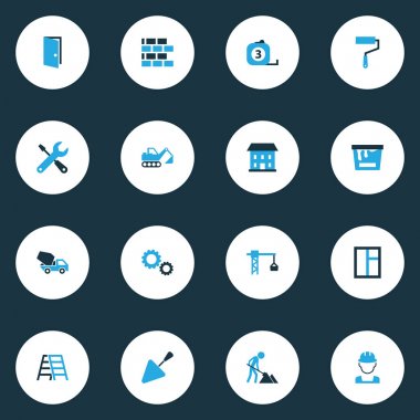 Renkli simgeler binada. Boya silindiri, çimento araç, Bina ve diğer öğeleri koleksiyonu. Dişli, mekanik, çimento gibi semboller de içerir.