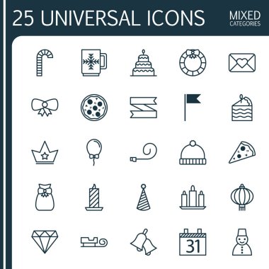 Christmas simgeleri ayarlayın. Boş şerit, tarihi, kar kişi ve diğer öğeleri koleksiyonu. Ayrıca Aerostat, Bell, Noel gibi simgeler içerir.