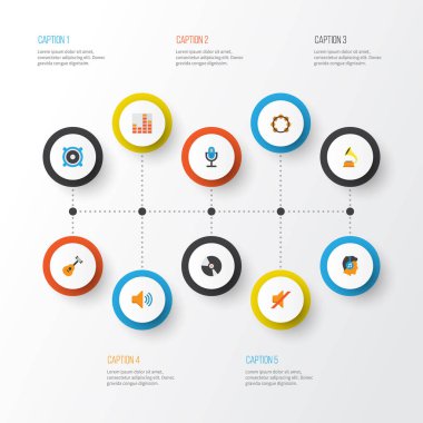 Müzik düz simgeler kümesi. Karaoke, Shellac, erkek ve diğer öğeleri koleksiyonu. Ayrıca megafon, gitar, gomalak gibi simgeler içerir.