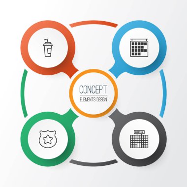 Icons Set seyahat. Kalkış bilgiler, polis sembol, iç Kupası ve diğer öğeler. Ayrıca Resort, polis, içki gibi simgeler içerir.