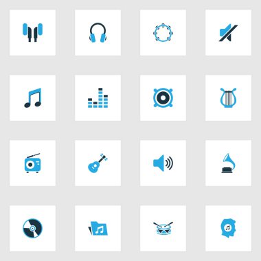 Ses renkli simgeler kümesi. Davul, Not, kulaklık ve diğer öğeleri koleksiyonu. Ayrıca kulaklık, perküsyon, radyo gibi simgeler içerir.