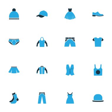 Giysi renkli simgeler kümesi. Şapka, bere, iç çamaşırı ve diğer öğeleri koleksiyonu. Ayrıca külot, giyim, pon pon gibi simgeler içerir.