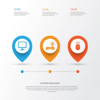 Bilgisayar simgeleri ayarlayın. Yönlendirici, masaüstü, bilgisayar fare ve diğer öğeleri koleksiyonu. Ayrıca Modem, ekran, masaüstü gibi simgeler içerir.