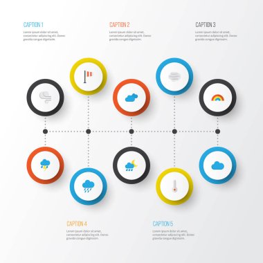 Hava düz simgeler kümesi. Fırtına, rüzgarlı, yay ve diğer öğeleri koleksiyonu. Da içeren sembolleri gibi sıcak, gökyüzü, sıcaklık.
