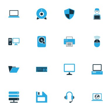Donanım renkli simgeler kümesi. Dizüstü bilgisayar, denetim, baskı ve diğer öğeleri koleksiyonu. Ayrıca dosya, güvenlik duvarı, bilgisayar gibi simgeler içerir.