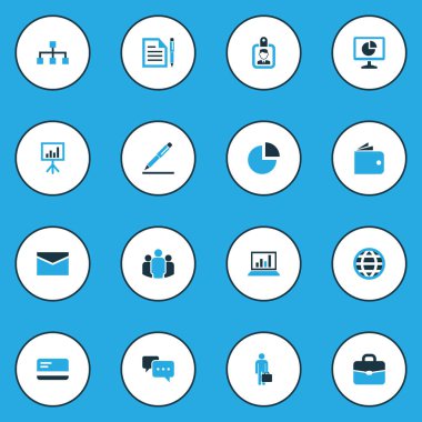 İş renkli simgeler kümesi. Kalem, pasta grafik, posta ve diğer öğelerle birlikte belge koleksiyonu. Ayrıca bilgisayar, belge, mesaj gibi simgeler içerir.