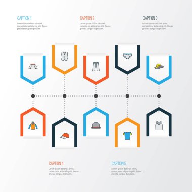 Renkli Anahat Icons Set elbise. Sweatshirt, iç çamaşırı, Cap ve diğer öğeleri koleksiyonu. Ayrıca şapka, elbise, pantolon gibi simgeler içerir.