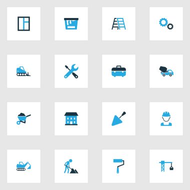 Mimari renkli simgeler kümesi. Bakım, kanca, çimento araç ve diğer öğeleri kaldırma topluluğu. Ayrıca, kanatlı pencereler için Araçlar, inşaat gibi simgeler içerir.
