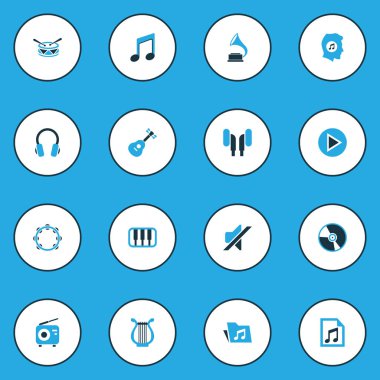 Ses renkli simgeler kümesi. Çalma listesi, klasör, gramofon ve diğer öğeleri koleksiyonu. Ayrıca Cd, düğme, müzikal gibi simgeler içerir.