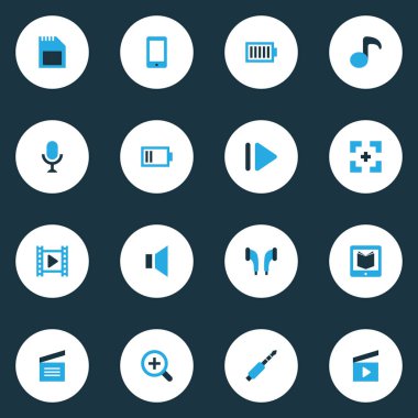 Multimedya renkli simgeler kümesi. Yavaş ileri, Karaoke, film ve diğer öğeleri koleksiyonu. Ayrıca telefon, yukarı, kulaklık gibi simgeler içerir.