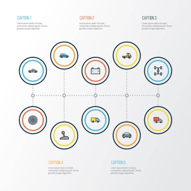 Araba renkli anahat simgelerini belirlemek. Carcass, Van, otomatik ve diğer öğeleri koleksiyonu. Ayrıca karkas, Dingil mesafesi, otomatik gibi simgeler içerir.