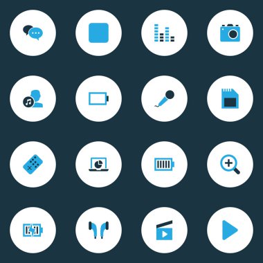 Medya renkli simgeler kümesi. Yakınlaştırma, Duraklat, başlangıç ve diğer öğeleri koleksiyonu. Ayrıca zum, görüntü, Laptop gibi simgeler içerir.