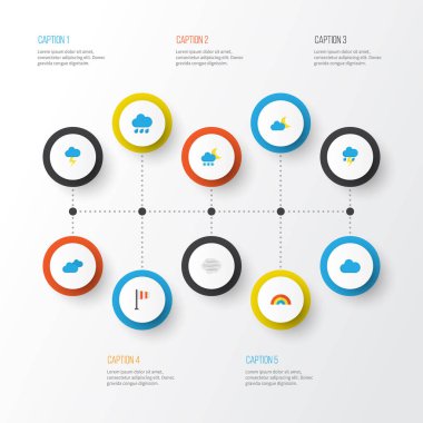 Hava düz simgeler kümesi. Hilal, rüzgarlı, bulutlu ve diğer öğeleri koleksiyonu. Ayrıca bulutlar, Rüzgar, renklilik gibi simgeler içerir.