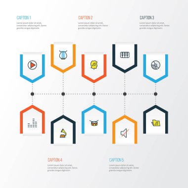 Multimedya renkli anahat simgelerini belirlemek. Daire, sessiz, Harp ve diğer öğeleri koleksiyonu. De gramofon, başlangıç, gibi simgeler içerir.