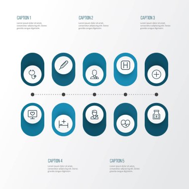 Uyuşturucu anahat simgelerini belirlemek. Hastane, monitör, sıcaklık ve diğer öğeleri koleksiyonu. Ayrıca uyuşturucu, stetoskop, sıcaklık gibi simgeler içerir.