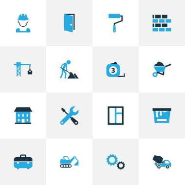 Mimari renkli simgeler kümesi. Kanca, dava, ölçü aracı ve diğer öğeleri kaldırma koleksiyonu. Mekanik, Pass, ev gibi semboller de içerir.