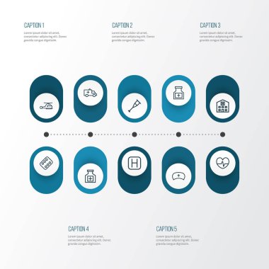 Uyuşturucu anahat simgelerini belirlemek. İlaç, tıbbi şapka, araba ve diğer öğeleri koleksiyonu. Ayrıca şapka, helikopter, hap gibi simgeler içerir.