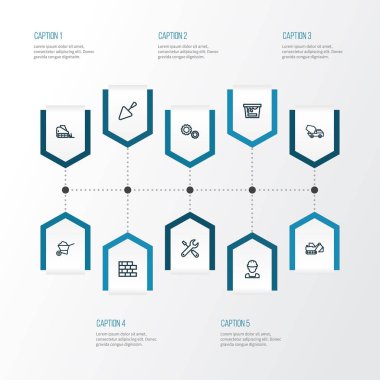 Mimari anahat simgelerini belirlemek. El arabası, Ekskavatör, Beton mikseri ve diğer öğeleri koleksiyonu. Ayrıca boya, kürek, işçi gibi simgeler içerir.