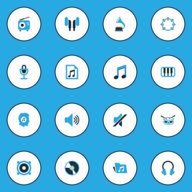 Multimedya renkli simgeler kümesi. Kulaklık, davul, klasör ve diğer öğeleri koleksiyonu. Ayrıca ses, hoparlör, gramofon gibi simgeler içerir.