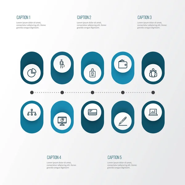 Munkát vázlat ikonok beállítása. Bank kártya, azonosító, pénztárca és egyéb elemek gyűjteménye. Magában foglalja a szimbólumok, mint a Pie, a toll, a műszerfal. — Stock Vector