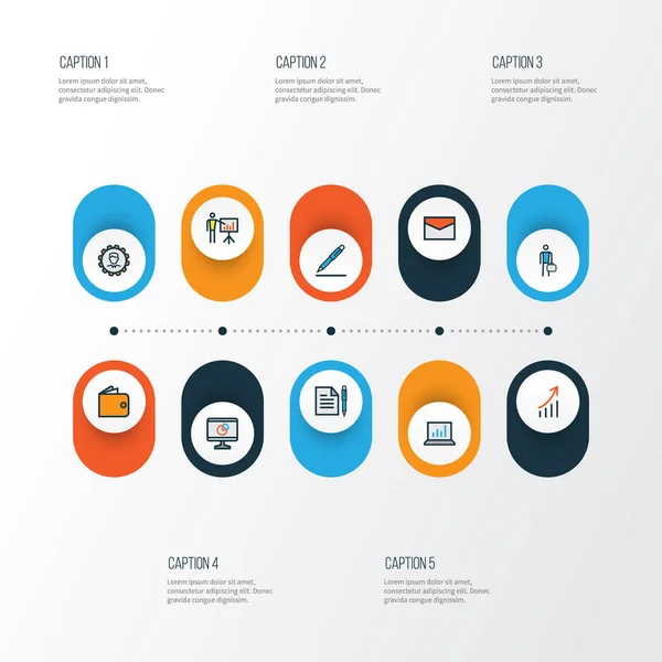 Conjunto de iconos de contorno colorido del trabajo. Colección de mensajes, análisis informático, acuerdo y otros elementos. También incluye símbolos tales como contrato, documento, trabajador . — Archivo Imágenes Vectoriales