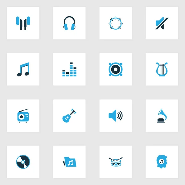 Audio Colorful Icons Set. Коллекция барабанов, нот, наушников и других элементов. Also Includes Symbols such as Headset, Percussion, Radio . — стоковый вектор