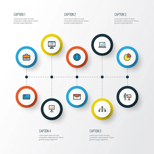 Business Colorful Outline Icons Set. Collection Of Report Demonstration, Pie Chart, Portfolio And Other Elements. Also Includes Symbols Such As Envelope, Card, Structure. — Stock Vector