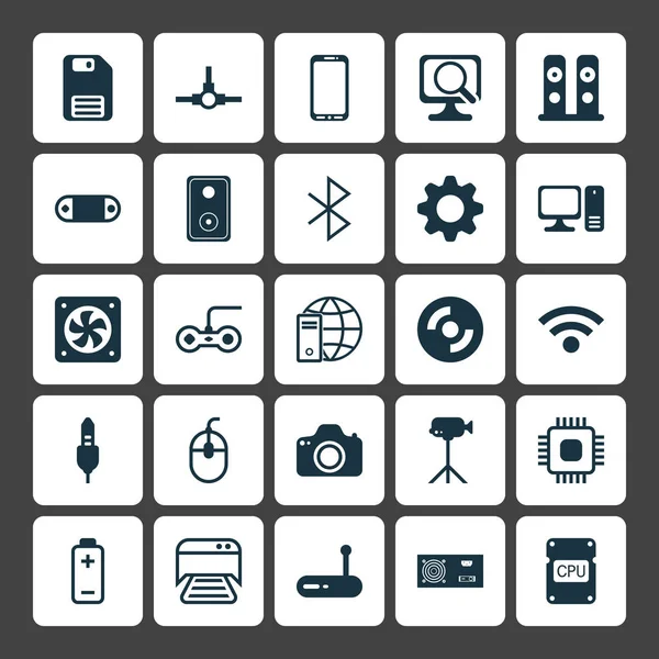 Zestaw ikon sprzętu. Kolekcja baterii, Chip, kamery i inne elementy. Również zawiera symbole, takie jak Wifi, Audio, przewód. — Wektor stockowy