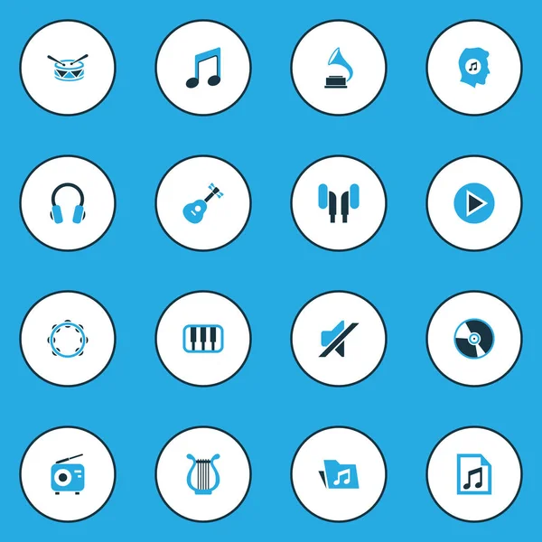 오디오 다채로운 아이콘 설정합니다. 재생 목록, 폴더, 축음기 및 기타 요소의 컬렉션입니다. 또한 Cd, 버튼, 뮤지컬 등의 기호를 포함. — 스톡 벡터