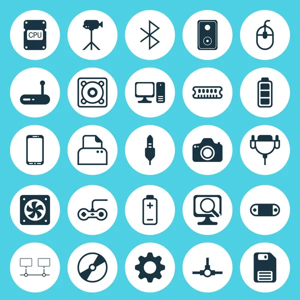 Computer Icons Set. Collection Of Vga Cord, Diskette, Smartphone And Other Elements. Also Includes Symbols Such As Speaker, Cable, Network. — Stock Vector