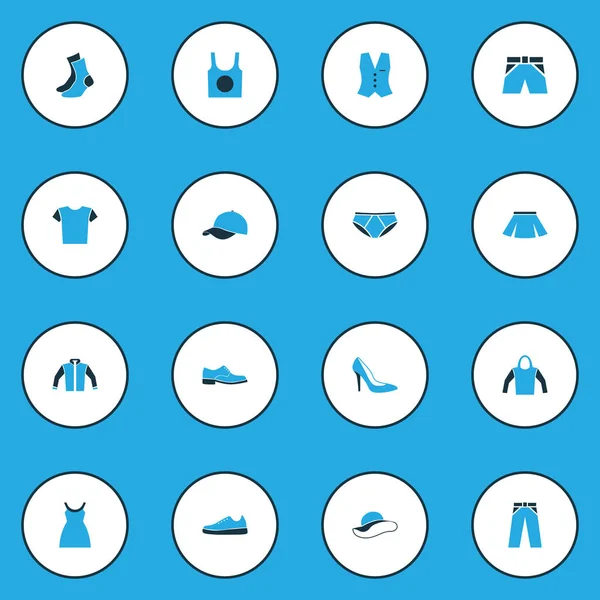 Giysi renkli simgeler kümesi. Şık şapkalar, külot, elbise ve diğer öğeleri koleksiyonu. Ayrıca iç çamaşırı, pantolon, topuklar gibi simgeler içerir.