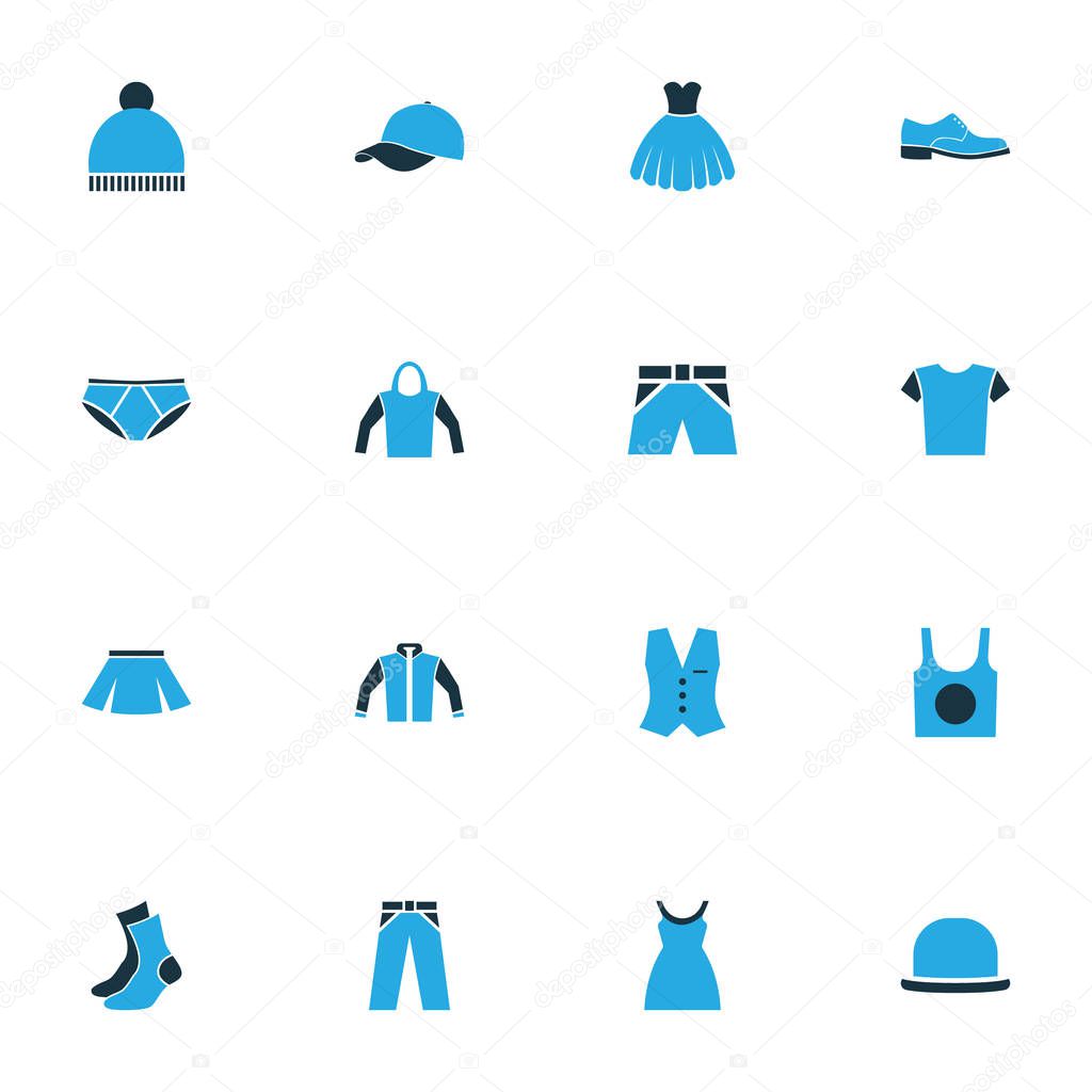 Garment Colorful Icons Set. Collection Of Cap, Beanie, Underwear And Other Elements. Also Includes Symbols Such As Panties, Wear, Pompom.