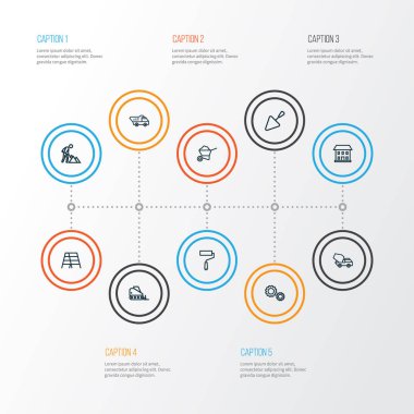 İnşaat anahat simgeleri ayarlayın. Buldozer, mala, dişli ve diğer öğeleri koleksiyonu. Ayrıca bakım, Mikser, ev gibi simgeler içerir.