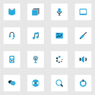 Multimedya renkli simgeler kümesi. Grup, Player, ses ve diğer öğeleri koleksiyonu. Ayrıca, yorum, ses, grup gibi simgeler içerir.